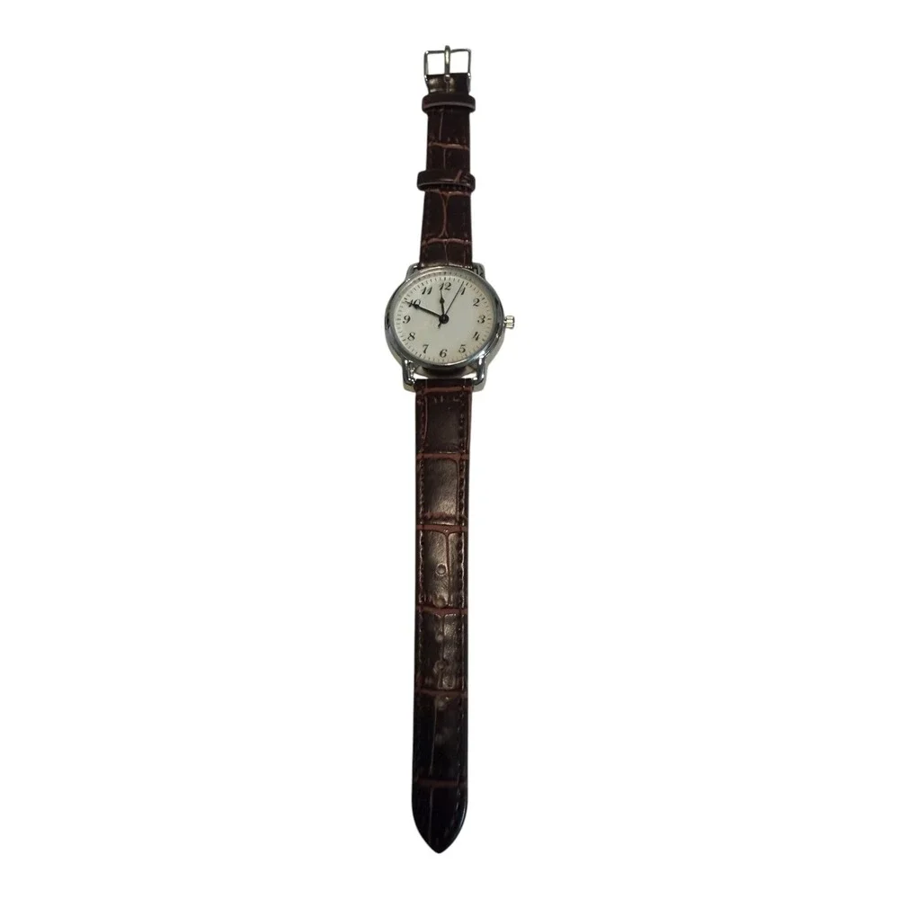 Womens Classic Silver Tone Analog Watch Brown Croc Embossed Leather Strap Quartz